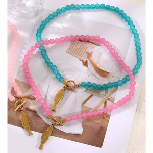 Colorful Glass <b>Beaded</b> Stainless Steel OT Clasp Gold Fish Charm Statement Necklace Women Jewelry - Product Image 2