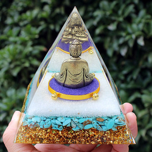 Crystal Chip Pyramid Resin Epoxy Buddha <b>Statue</b> Desktop Ornament Handmade Home Decoration Turquoise Gold Inlay - Product Image 2