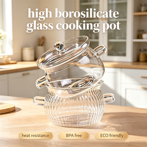 Accessoires de cuisine, articles sans BPA, fait main, transparent, rayures verticales, pot à ragoût en <span class=keywords><strong>verre</strong></span> borosilicate de haute qualité avec <span class=keywords><strong>couvercle</strong></span> et poignées - Product Image 5