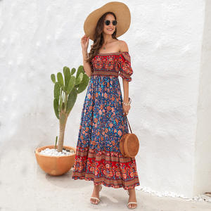Vendita calda abiti Casual Boho donna bohémien estate manica corta Maxi <span class=keywords><strong>abito</strong></span> floreale con <span class=keywords><strong>spalle</strong></span> <span class=keywords><strong>scoperte</strong></span> per ragazze - Product Image 2