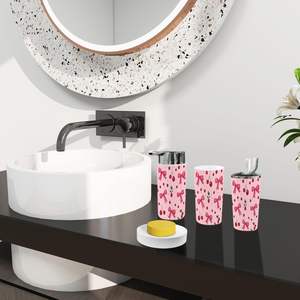 6-Piece Boho Chic <b>Bathroom</b> <b>Accessories</b> <b>Set</b> Cherry Ribbons & Bow Coquette Girly Seamless Pattern Print Square Shape Home Decor - Product Image 2