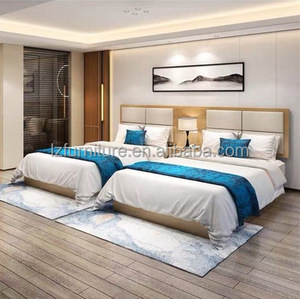 Economical Hotel <b>Bed</b> Twin Size Set Modern Light Wood <b>Platform</b> <b>Bed</b> <b>Frame</b> with Upholstered Headboard Panels & Nighstand - Product Image 4