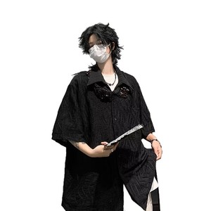 Camisa Negra de Manga Corta Plisada <span class=keywords><strong>sin</strong></span> Planchar Estilo Cubano para Hombre, Diseño Exclusivo con Bordado Jacquard, Chaqueta Cardigan Holgada e Informal - Product Image 1