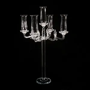Candelabra With Arms MH-Z194 5 Arms Crystal Candelabra With Glass Hurricane Cups Wedding Candelabra Centerpiece