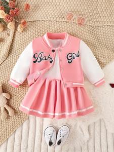 Setelan Jaket Baseball Bermotif Huruf dengan Rok Lipit, Jaket Hoodie Baseball <span class=keywords><strong>2</strong></span>-Piece Set, Setelan Hoodie Lengan Panjang Musim Gugur dengan Rok untuk Anak Perempuan - Product Image 6