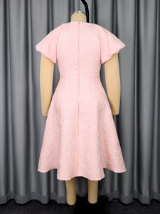 AM050607 elegante manica a sbuffo corta con scollo a V 3D fiore rosa Jacquard a linea rosa abito Casual da donna <span class=keywords><strong>Midi</strong></span> - Product Image 6