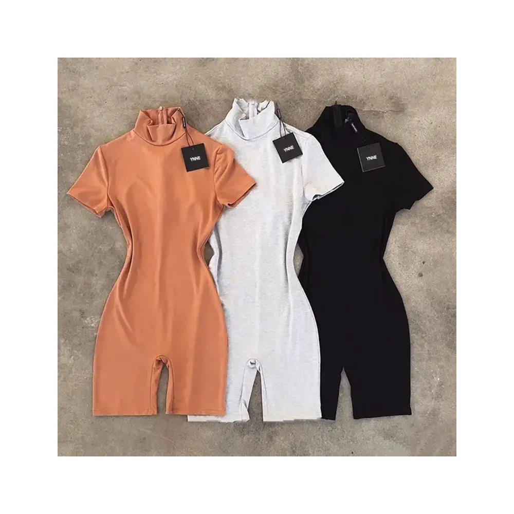 2024 Zomer Half Hoge Hals Bodycon Eendelig Korte Jumpsuit Voor Vrouw Katoenen Gebreide Bodysuits Vrouwen