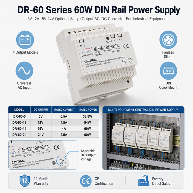 Industrial DIN Rail Power Supply DR-60  60W 5V 12V 15V 24V Single Output AC DC Switching Power Supply for Automation Control