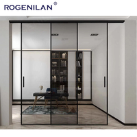 ROGENILAN Porte coulissante intérieure ultra-étroite en aluminium à 4 panneaux, cloison de bureau ou de salon, portes coulissantes en verre noir à verrouillage interverrouillable