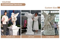 Statue d'ange en marbre blanc sculptée à la main YOUFINE avec un grand ange ailé sur base nuageuse pour la décoration de jardin