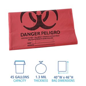 Bolsas de Basura de Plástico de Baja Densidad Lineal de 45 Galones y 1.3 Mil para el Sector Sanitario, 40x46, Rojas, 100 por Caja - Product Image 1