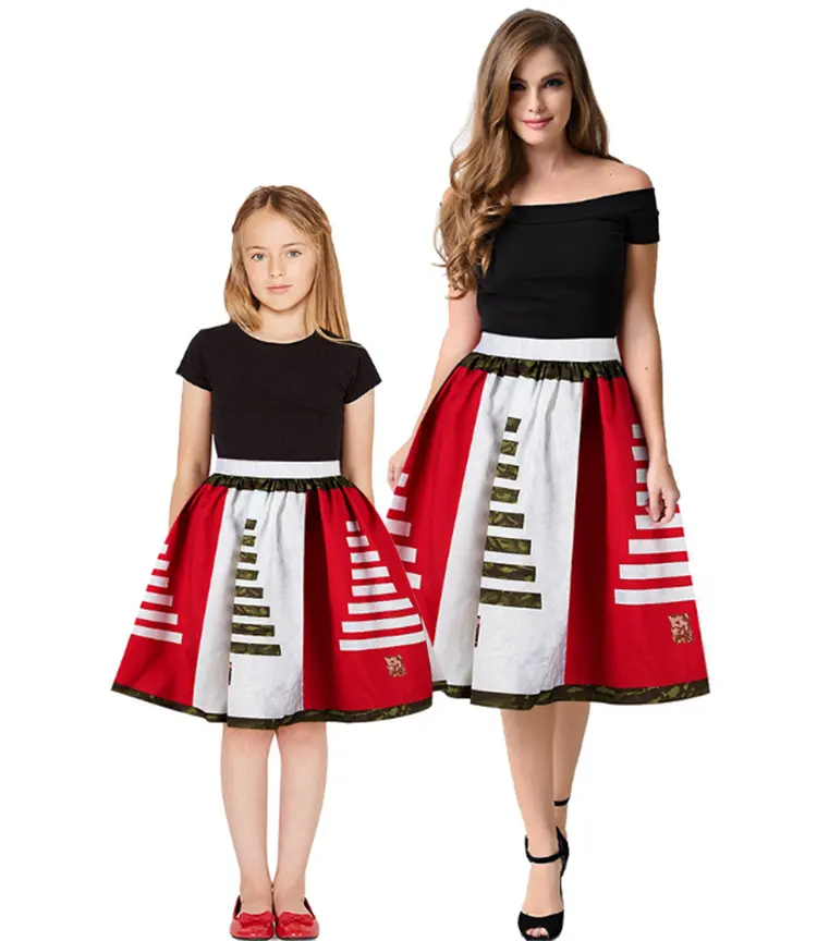 カスタムサマードレスキッズエレガントプリント半袖ママと娘のマッチングドレス赤