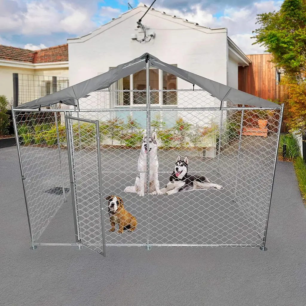 Cercado de acero galvanizado para mascotas, perrera para correr con parasol de techo, para exteriores, 4m x 4m x 2,2 m