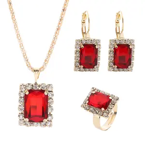 New Design Fashion Jewelry Set Gold Plated Rhinestone Square Crystal Gemstone Necklace Earrings Ring Set