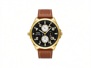 Men's <b>Watch</b> Analog Quartz Chronograph Leather Strap 42mm Round <b>Case</b> Yellow Gold Dial Mineral Glass Buckle Closure - Product Image 1