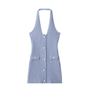 Vestido de mujer nuevo verano 2025 azul cuello Halter diseño estiramiento recortado Mini vestido Sexy Hip Wrap cuello en V moda - Product Image 5