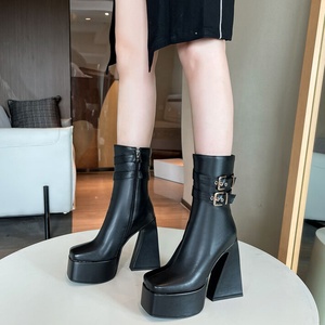 Botines de Plataforma con Tacón Ancho para Mujer, Talla Grande 46, Ajuste Ancho, Doble Hebilla, Cremallera Lateral, Zapatos de Tacón Alto para Dama - Product Image 3