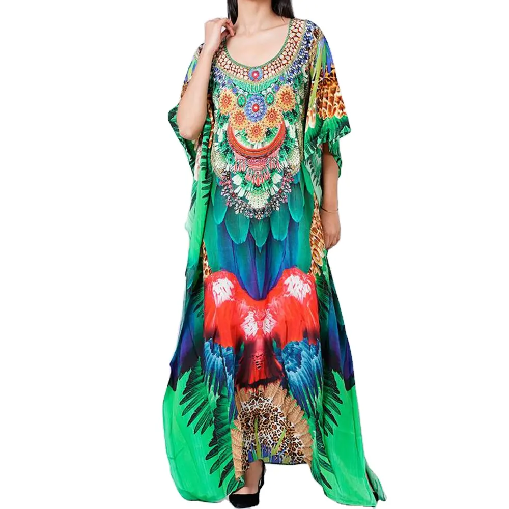Элегантная пляжная одежда ярких цветов с цифровым принтом женское винтажное платье кафтан богемное платье с круглым вырезом Макси до щиколотки платье