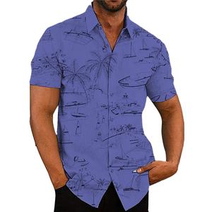 Camicia a maniche corte da uomo con stampa Coastal Sketch, motivo <span class=keywords><strong>nautico</strong></span> con barche e palme, abbottonata, per vacanze e <span class=keywords><strong>abbigliamento</strong></span> casual - Product Image 2