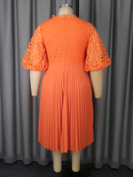 Robe décontractée d'été mi-longue plissée à col en V en dentelle à manches courtes AM050335 pour femme, tendance, orange