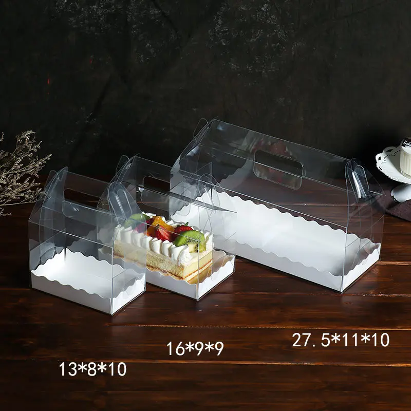 OEM 3 इंच ऊंचाई सुरुचिपूर्ण लंबे पूर्ण स्पष्ट ढक्कन पैकेजिंग बक्से पारदर्शी मिठाई स्विस रोल केक पेस्ट्री बॉक्स हैंडल के साथ
