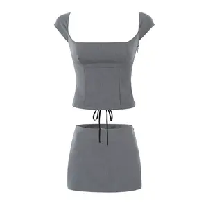 Grey color sexy back lace up design slim fit women's cotton cute tank tops