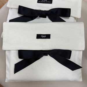 Custom Logo Woven-label <b>White</b> Cotton <b>Envelope</b> Pouch Travel Cosmetic Make up Flap Cover Pouch Gift Bags with Bow - Product Image 6