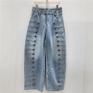Jeans Vintage a Gamba Larga per Ragazze, Stile Streetwear Trendy, Vita Media, Decorazione con Fibbia Metallica, Silhouette Slim Fit, Lunghezza al Pavimento - Product Image 3