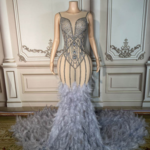 Diamonds Evening Party Dress Sleeveless Gray Feather Tail Long Dresses Women Feather <strong>Robe</strong>