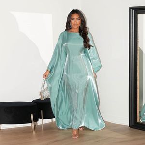 Robe d'été élégante à col en <span class=keywords><strong>V</strong></span> pour femmes musulmanes afghanes Moyen-Orient Manches longues en satin de soie brillant Style abaya décontracté - Product Image 3