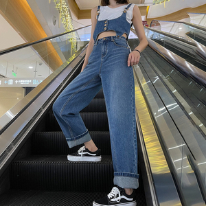 Pantalon en denim de coton bleu personnalisé-Loose Casual High Regular Leg Stretch pour les femmes <span class=keywords><strong>Baggy</strong></span> Wide Straight <span class=keywords><strong>Slim</strong></span> Fit Overalls Mid - Product Image 3
