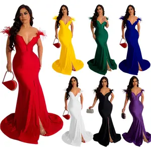 W5869 Sommer New Trend Frau Mode Gurt Deep V Neck Sexy Rot Lang Elegant Maxi V-Ausschnitt Abend Fishtail Kleid Für Party