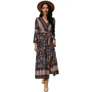 2023 Autumn Boho Casual A-Linie Langes Kleid mit ausgestellter Manschette Personal isierter Ausschnitt und individuellem Stoff