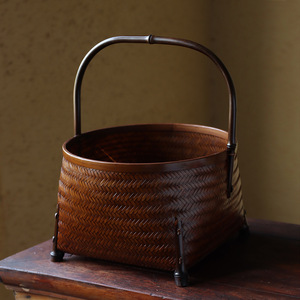 Handmade lacquered purple <b>bamboo</b> <b>basket</b> with handle, Zen-inspired retro tea ceremony utensil storage <b>basket</b>, fruit and dessert - Product Image 1