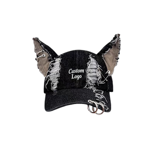 Ripped Denim <b>Baseball</b> <b>Cap</b> With 3D Ears And Metal Rings Punk Style Unisex Adjustable Hat Custom Logo Front Panel - Product Image 1
