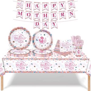 Articles de fête floraux pour la fête des mères, nappes jetables, assiettes en papier, gobelets, serviettes, ensemble de couverts, 60-80 pièces, respectueux de l'environnement - Product Image 1