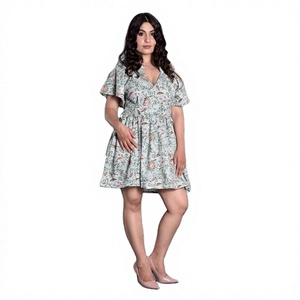 Vestido Mini con Estampado Floral, Cuello en V, Manga Corta, Corte en A, Casual, Verano, Moderno, Transpirable, Tejido 100% Algodón, con Botones - Product Image 4