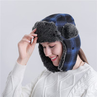 FF4708 Plaid Fuzzy Fluffy Ski Hunting Cap Earflap Trooper Sombrero de invierno Forrado de felpa Ruso Ushanka Faux Fur Trapper Hat