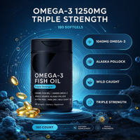Gélules d'huile de poisson Oméga 3 1250mg, Morue d'Alaska, Triple Concentration, EPA DHA Pur, Supplément OEM ODM, 180 Gélules
