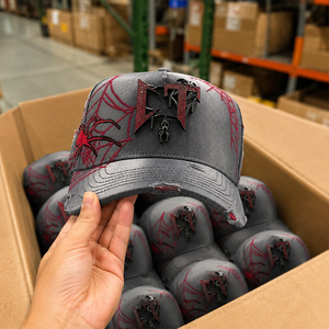 Großhandel Street-Style Distressed Custom Spinnennetz-Stickerei Gewaschene Baumwolle Ausgefranster Rand 3D Patch Logo Vintage Dad Hat OEM - Product Image 3