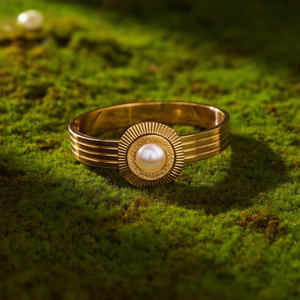 316L Stainless Steel Fashion <b>Bangle</b> With Pearl Inlay PVD Gold Plating Resistant Sustainable Design - Product Image 3