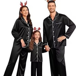 Conjuntos de Pijamas de Seda Satinada em Cores Sólidas Personalizados para Família, Manga Longa, Cintura Elástica, Roupas de Noite para Adultos e Crianças - Product Image 1