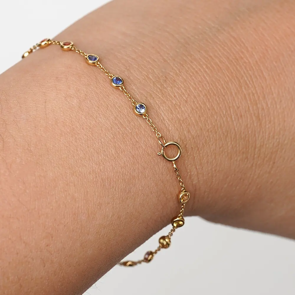 Jovovasmile-pulsera de zafiro Natural para mujer, brazalete personalizado de oro amarillo sólido de 18 quilates, 2,5mm, regalo de cumpleaños