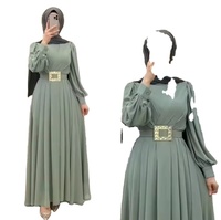 Robe musulmane pour femme de Dubaï, manches longues, col rond, couleur unie, en mousseline de soie, Abya avec ceinture