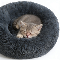 Coussin pour animaux de compagnie en fausse fourrure écologique de luxe pour chiens et chats, forme ronde en forme de beignet, base antidérapante, motif uni