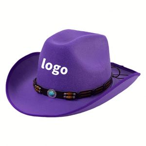 Sombreros de Vaquero de Fieltro Mexicano con Cuentas de Madera, Novedad al por Mayor, Sombreros de Vaquero Occidentales Morados de Moda Europea y Americana para Mujer - Product Image 1