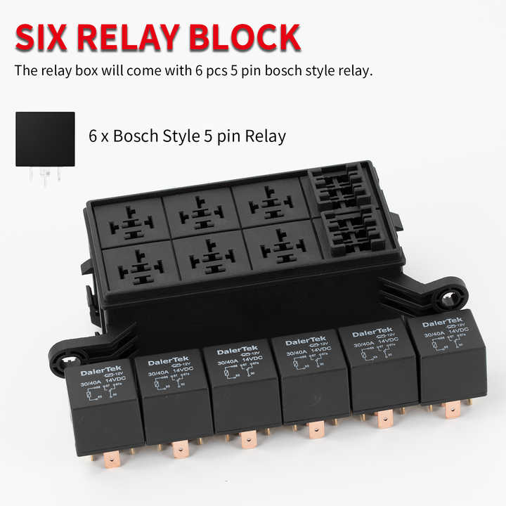 自動車用 防水6連ヒューズリレーボックス 12V/24V対応 40A 4ピン/5