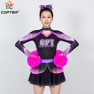 Top e gonna rosa e viola con stampa leopardata e strass, uniforme da cheerleader personalizzata con logo gratuito - Product Image 1