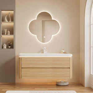 Mueble de baño estilo crema con esquinas redondeadas, lavabo de cerámica integrado, mueble de baño con lavabo. - Product Image 1
