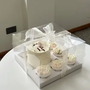 New Style Custom Cookie Pastry 10'' Square 5 Cupcake + 5'' Cake Box Clear Cupcakes Packaging Box Party Cake Box